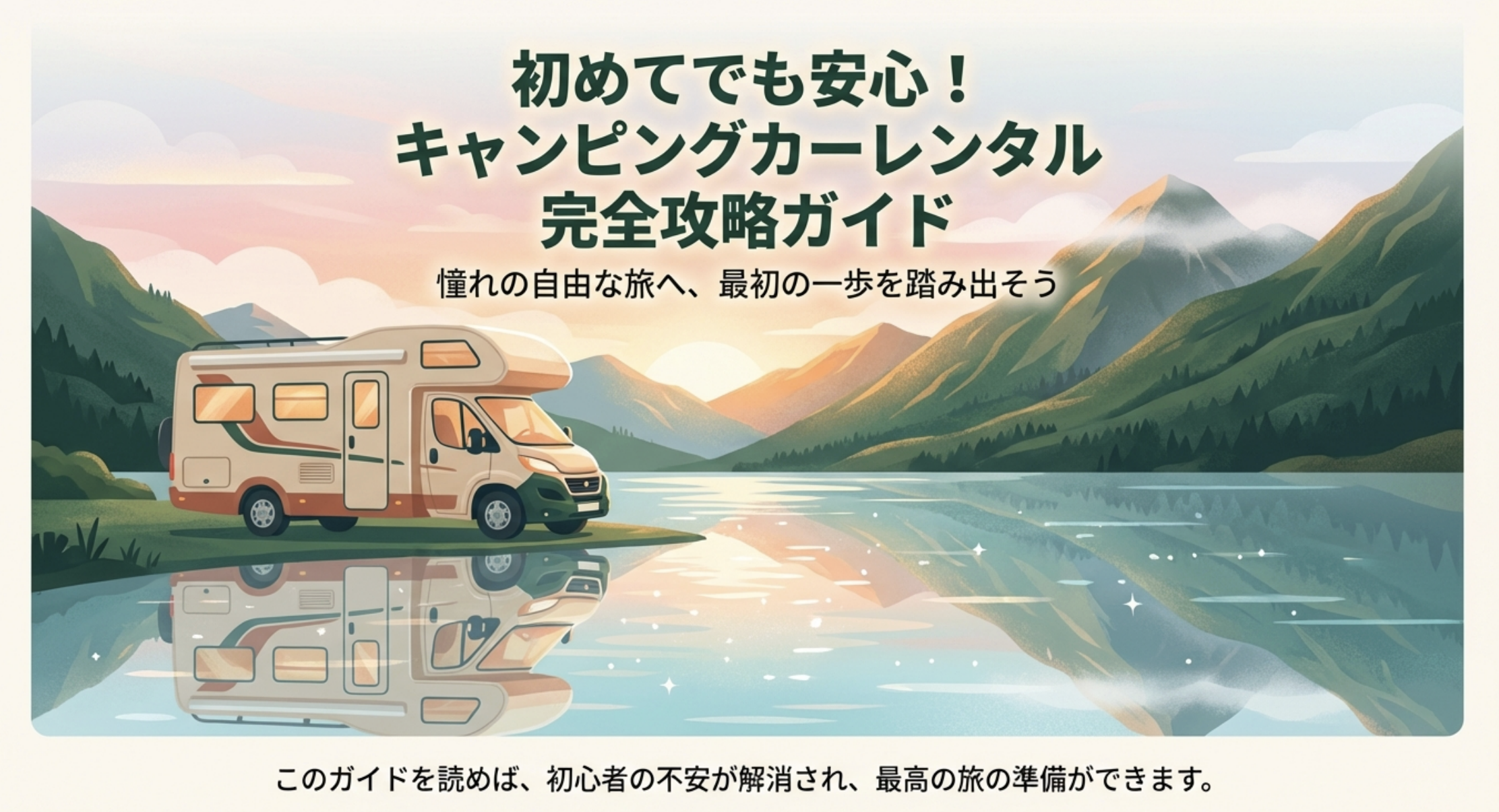 初心者でも安心なキャンピングカーレンタル完全攻略ガイドの表紙。憧れの自由な旅への第一歩を応援するイメージ。