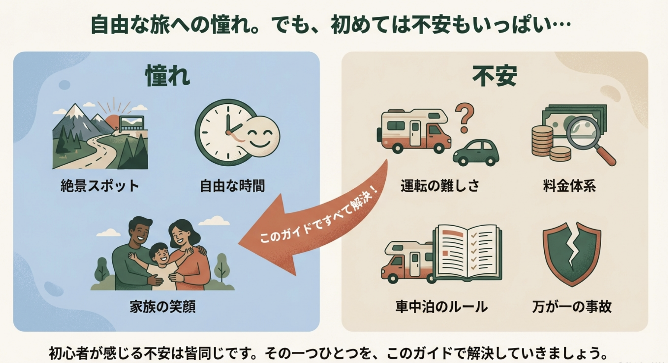 運転の難しさ、車中泊のルール、料金体系、万が一の事故という初心者が抱く4つの不安をこのガイドで解決することを示すイラスト