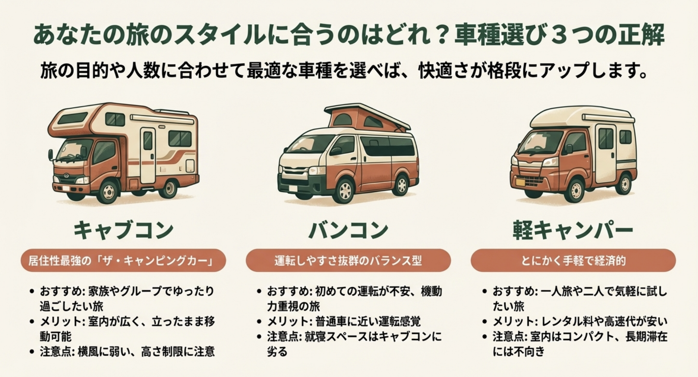 キャブコン、バンコン、軽キャンパーの3種類のイラストと、それぞれの特徴、メリット、注意点をまとめた比較図。