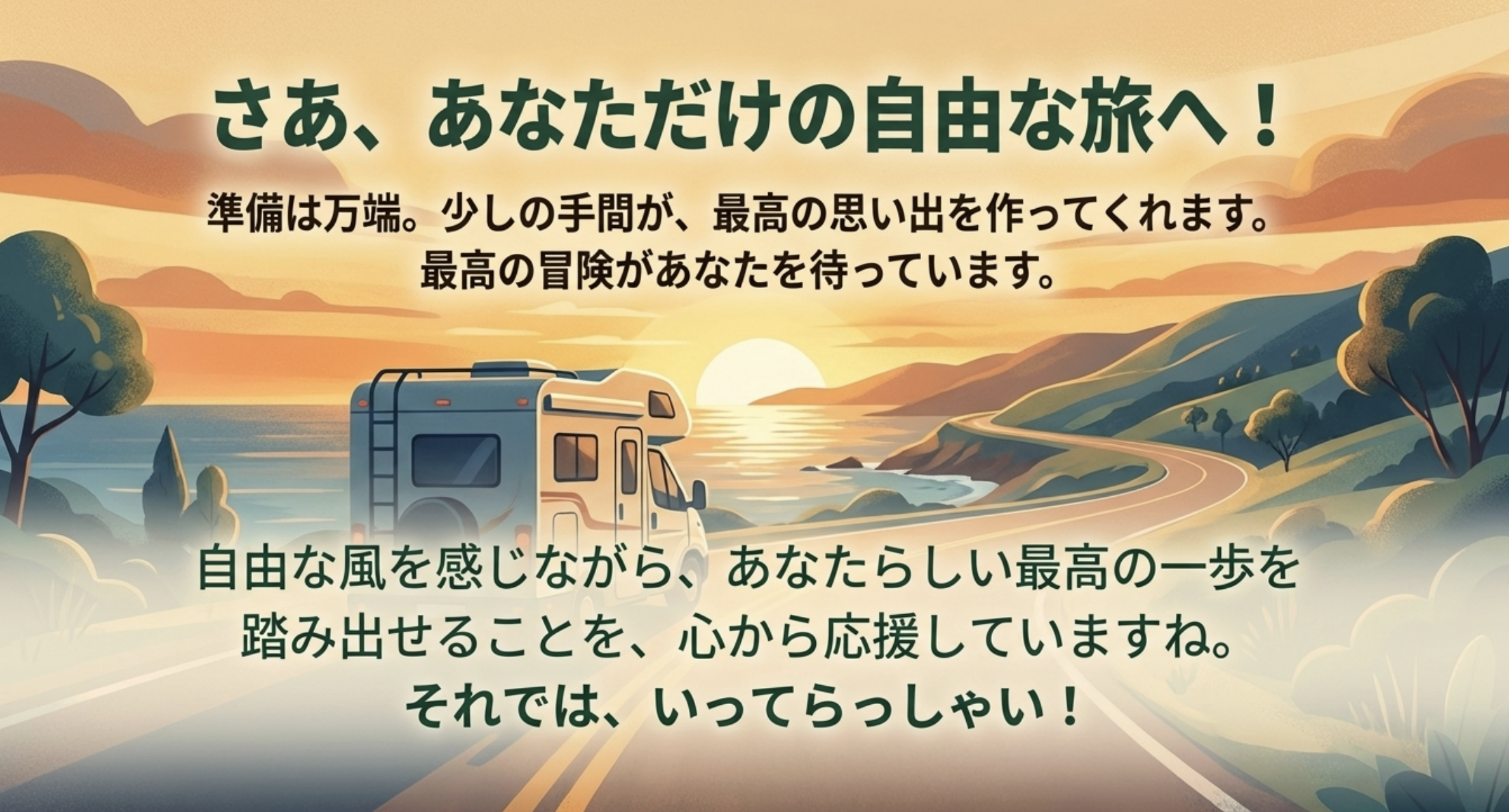 準備が整った読者へ向けて、最高の冒険が待っていることを伝え、自由な旅への出発を応援するメッセージ。