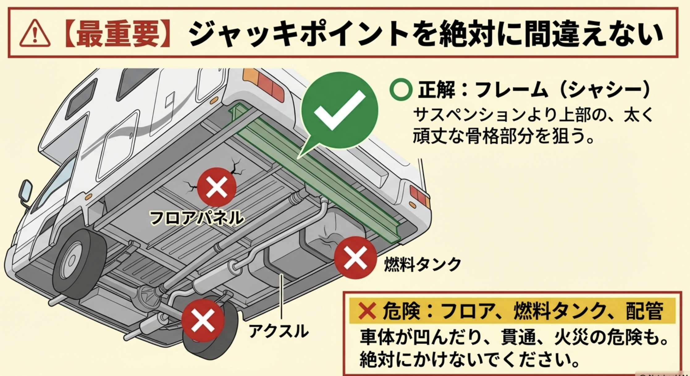キャンピングカーの正しいジャッキアップポイントと禁止箇所