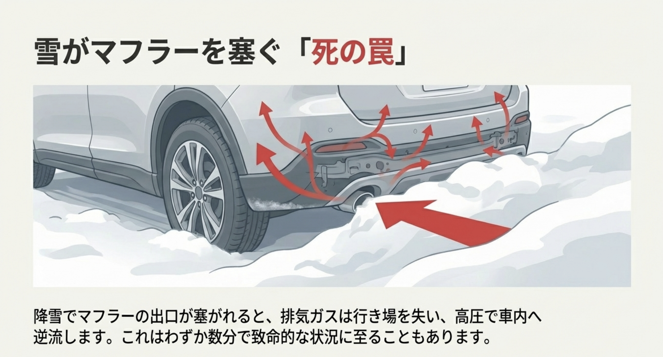 積雪によって車のマフラーが塞がれ、排気ガスが逆流する様子を示すイラスト