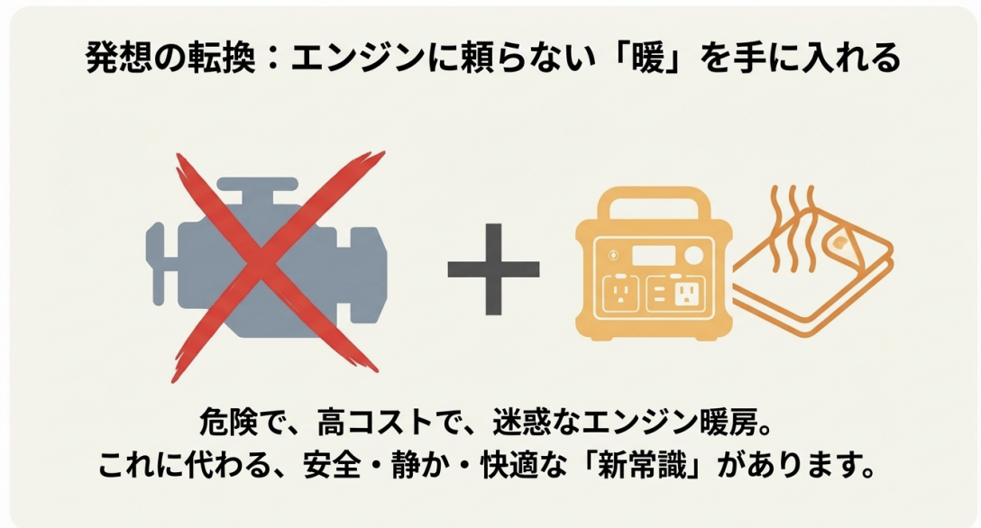 危険なエンジン暖房から安全な対策へ切り替えることを提案するスライド