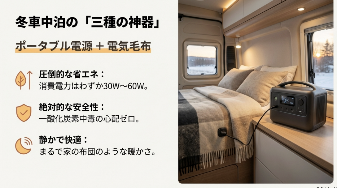 キャンピングカーのベッドの上でポータブル電源に電気毛布を繋いで使用している様子