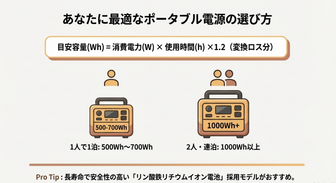 消費電力と使用時間から必要なWhを計算する式と、リン酸鉄リチウムイオン電池を推奨するガイド