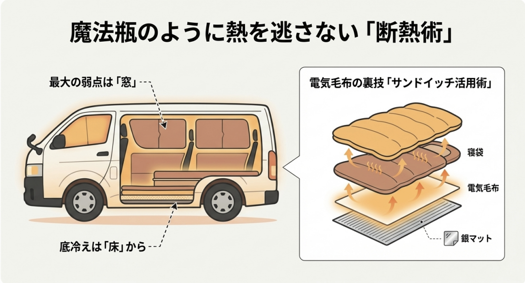 窓のシェード、床の銀マット、電気毛布を寝袋で挟むサンドイッチ活用術を示す車体断面イラスト