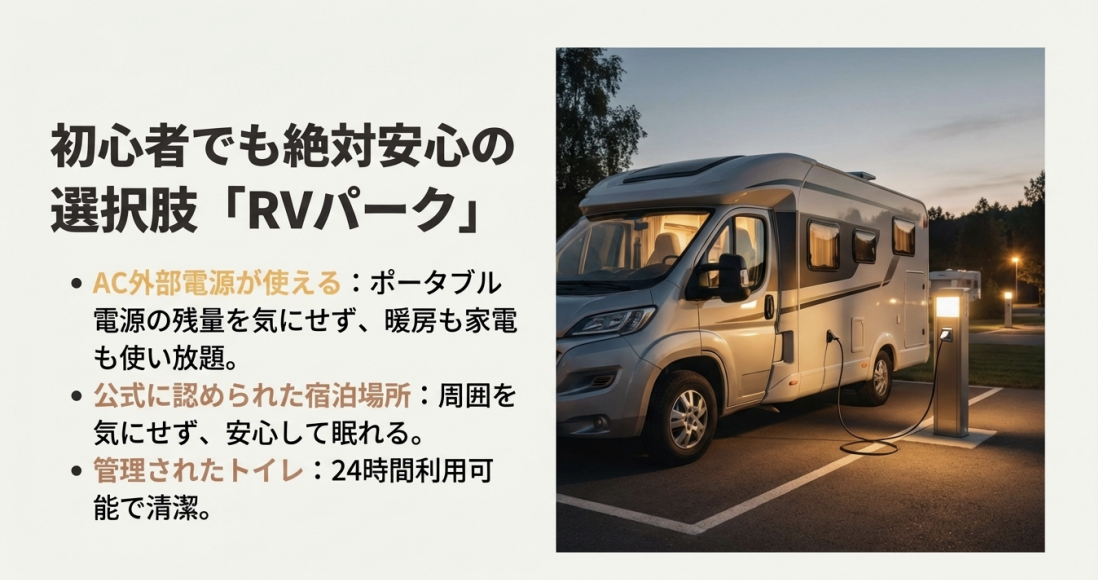 夜のRVパークで外部電源を接続して安心して宿泊しているキャンピングカーの様子