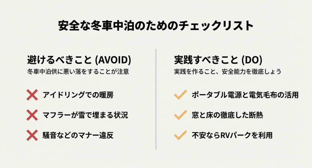 アイドリングを避け、ポータブル電源活用や断熱を推奨する安全チェックリスト