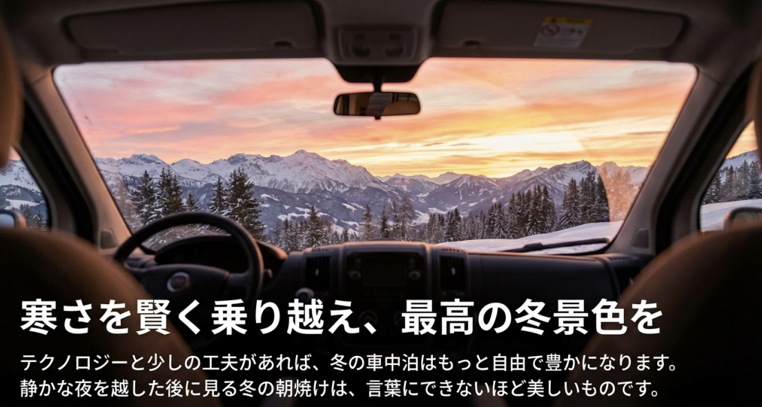 テクノロジーと工夫で冬の寒さを克服し、美しい冬の朝焼けを楽しむメッセージ