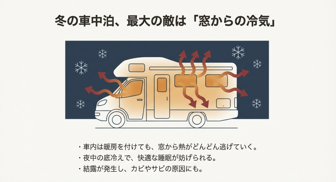 キャンピングカーの窓から熱が逃げ、外から雪の結晶が迫る様子を描いた、車中泊の熱損失に関する図解