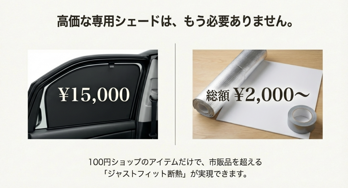 15,000円の専用シェードと、銀マットやテープを揃えても総額2,000円から作成できる100均DIYの価格比較画像。