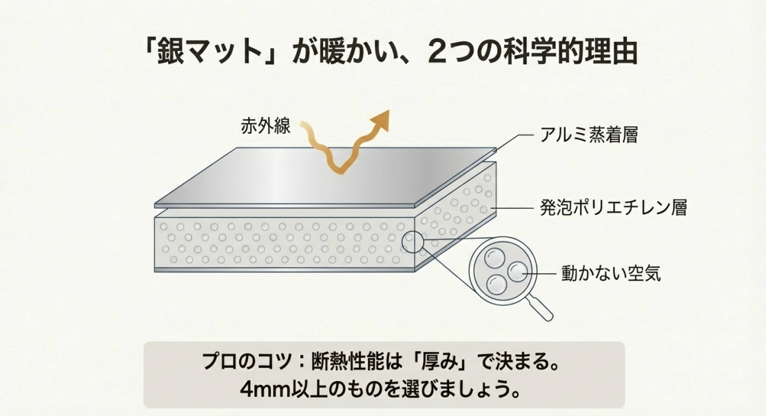 ルミ蒸着層が赤外線を反射し、発泡ポリエチレン層内の動かない空気が熱伝導を防ぐ仕組みを説明した断面図
