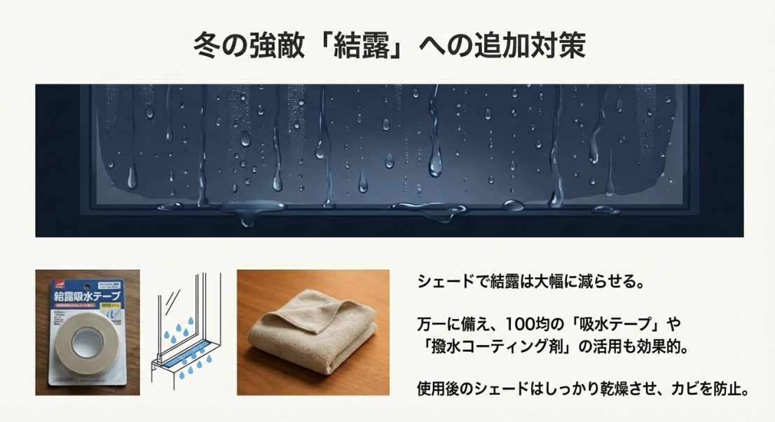 窓に滴る結露のイメージと、100均の結露吸水テープやマイクロファイバークロスの使用例を示した画像