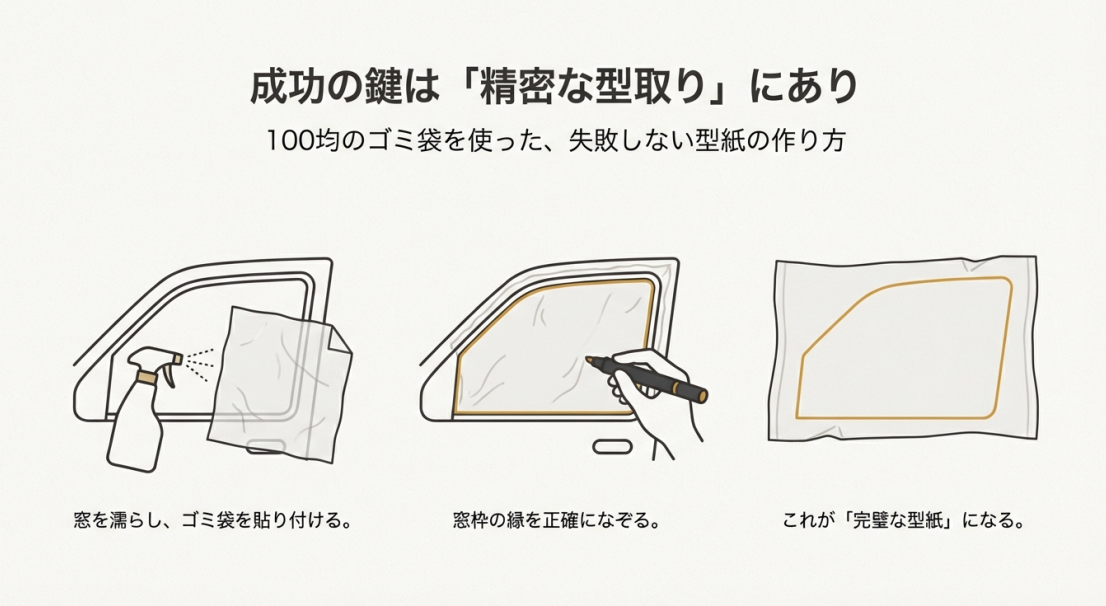 霧吹きで濡らした窓にゴミ袋を貼り付け、マジックで窓枠の縁を正確になぞって型紙を作る工程のイラスト