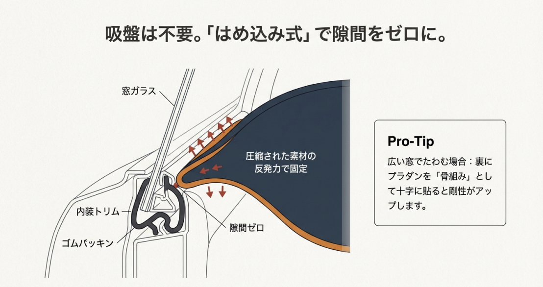 窓ガラスと内装トリムの間にシェードをはめ込み、圧縮された素材の反発力で固定して隙間をなくす仕組みの断面図