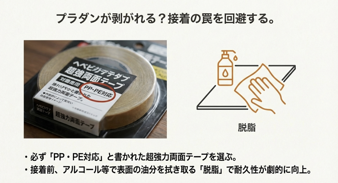 100均で買えるPP・PE対応の超強力両面テープと、接着前にアルコールで表面を拭く「脱脂」工程のイメージ画像
