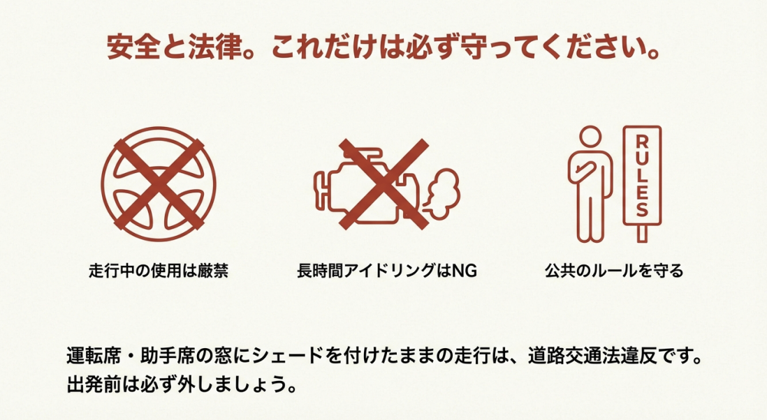 走行中の使用厳禁、長時間のアイドリング禁止、公共ルールの遵守を示す禁止マークとアイコンのまとめ
