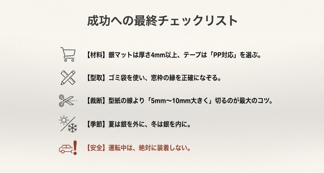 材料選び、型取り、裁断、季節ごとの運用、安全確認の5つの重要ポイントをまとめた最終チェックリスト