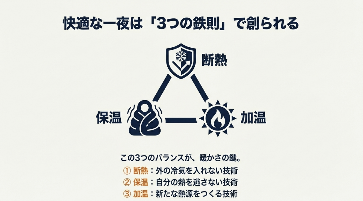 冬の車中泊を快適にする「断熱」「保温」「加温」の3つの要素のバランスを示した三角形の図解。