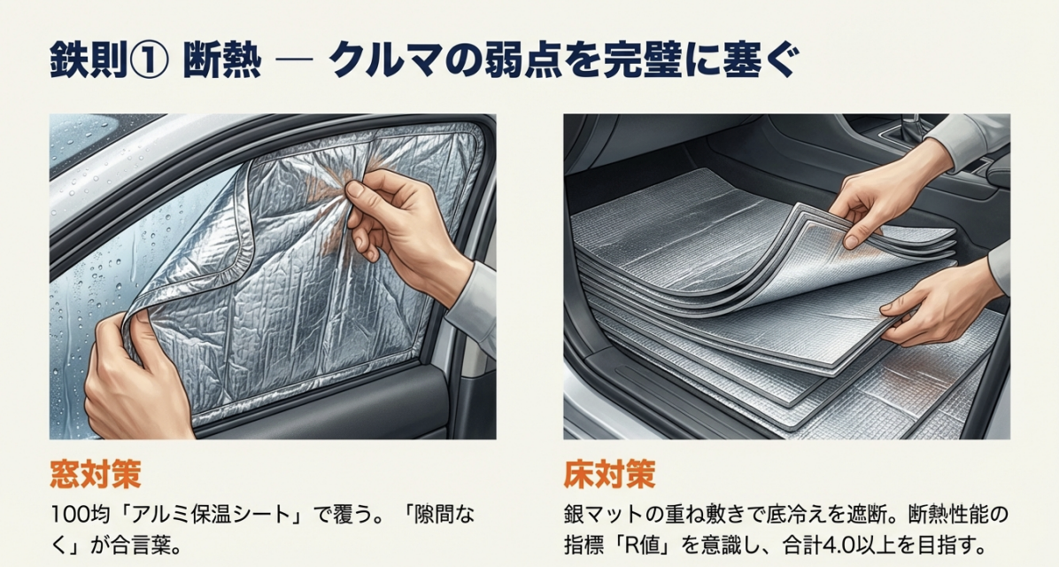 窓にアルミ保温シートを貼り、床に銀マットを重ね敷きしてR値4.0以上を目指す断熱対策のイメージ。