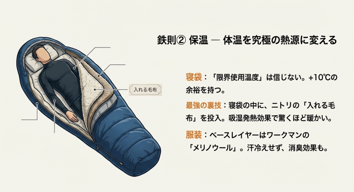 寝袋の中にニトリの「入れる毛布」を投入する裏技と、ワークマンのメリノウールをベースレイヤーに使う服装術の解説。