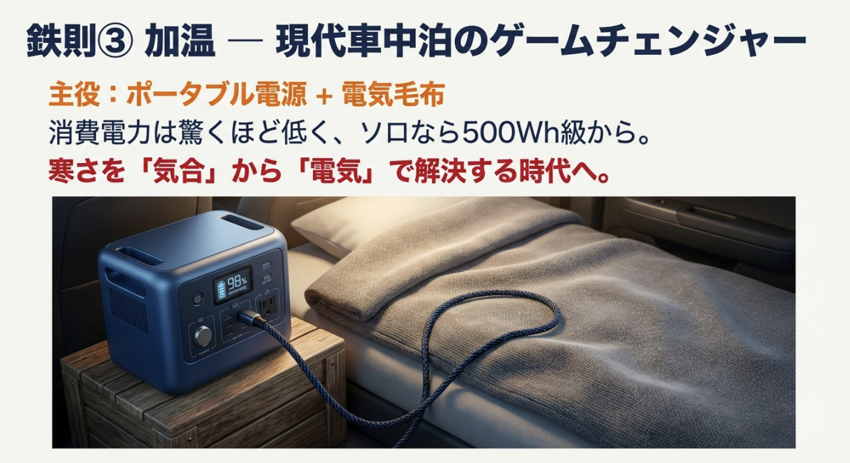 ポータブル電源に電気毛布を接続して使用する様子。寒さを気合ではなく電気で解決する現代のスタイル