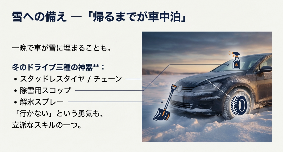 雪に埋まった車のイラストと、スタッドレスタイヤ、除雪用スコップ、解氷スプレーという冬のドライブ必須装備。