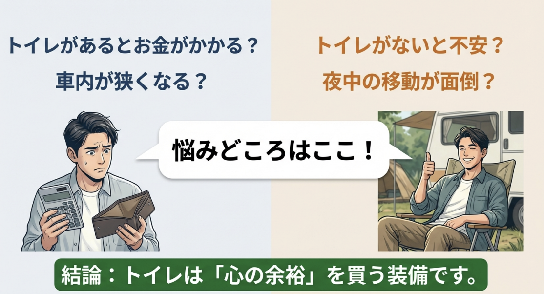 キャンピングカーのレンタルでトイレ付きを選ぶべきか迷っている人向けに、メリットとデメリット、心の余裕を買う装備であるという結論を解説するスライド画像。