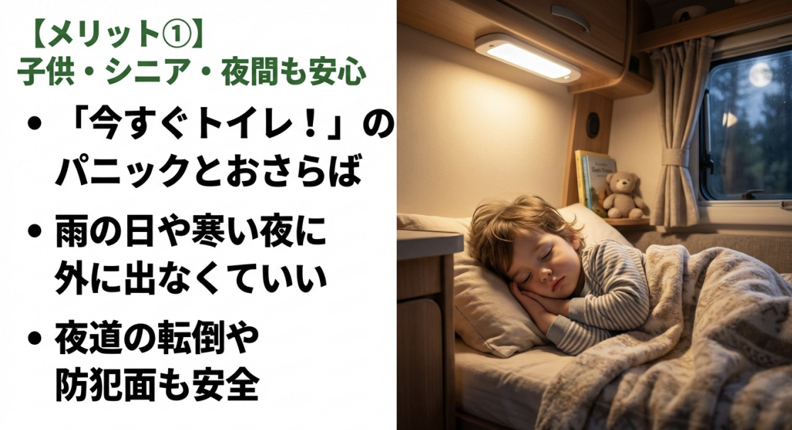 子供の急なトイレパニック防止、雨の日や寒い夜の外出不要、夜道の転倒防止など、家族旅行でのメリットをまとめたスライド。