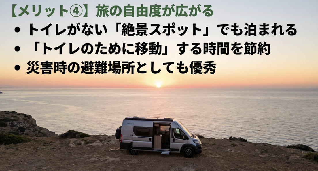 絶景スポットでの宿泊、移動時間の節約、災害時の優秀な避難場所としての機能をまとめたスライド。