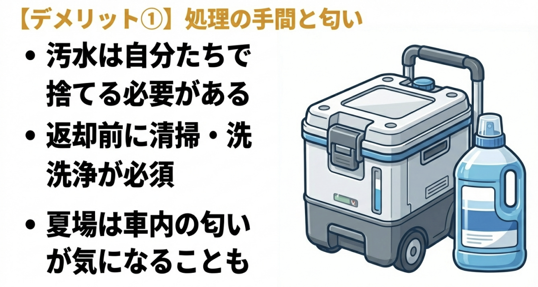 汚水捨てや返却前の清掃の必須条件、夏場の車内の匂いなど、トイレ付きの現実的なデメリットを解説するスライド。