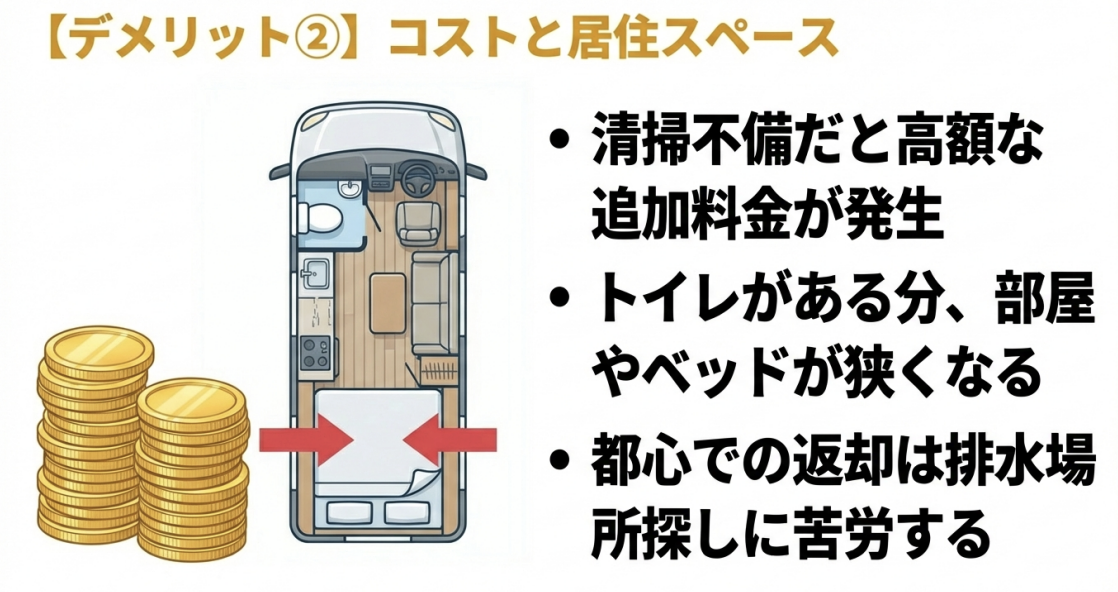 清掃不備による高額料金、居住・ベッドスペースの減少、都市部での排水場所探しの苦労をまとめたスライド。