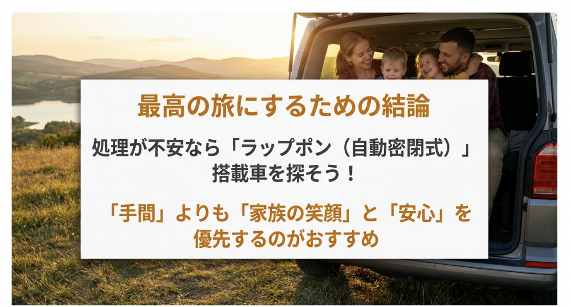 処理が不安な方向けの「ラップポン」の推奨と、手間よりも安心を優先して最高の旅にするためのまとめスライド。