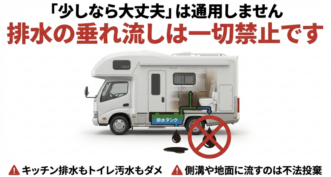 キャンピングカーの排水タンクの構造図と、キッチン排水やトイレ汚水を側溝・地面へ流すことが不法投棄にあたることを示す図解