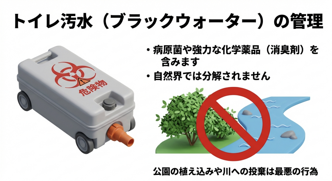 キャンピングカーのトイレ汚水(ブラックウォーター)に含まれる病原菌や化学薬品のリスクと、川や公園への投棄禁止を訴える図解