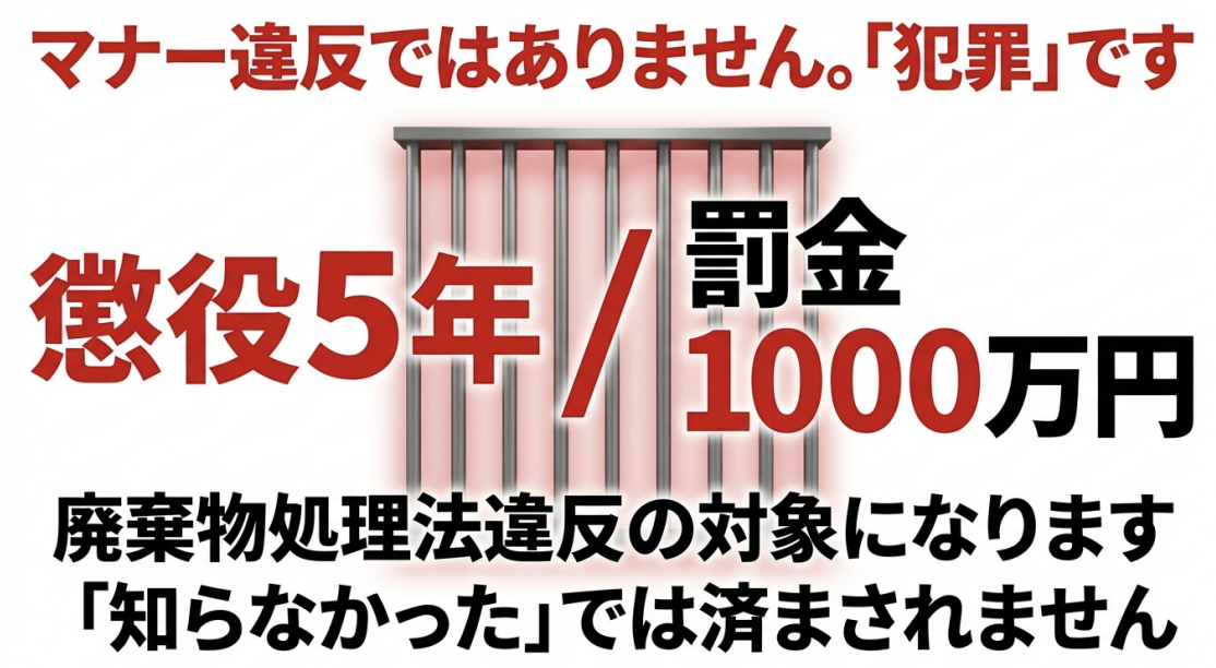 キャンピングカーの排水放置が廃棄物処理法違反(不法投棄)となる場合の罰則。5年以下の懲役または1000万円以下の罰金
