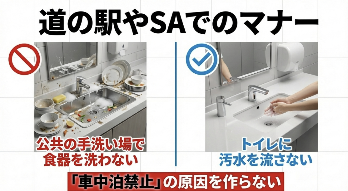 道の駅などの公共施設で食器を洗わない、トイレに汚水を流さないといったマナーを守り、車中泊禁止を防ぐためのガイド