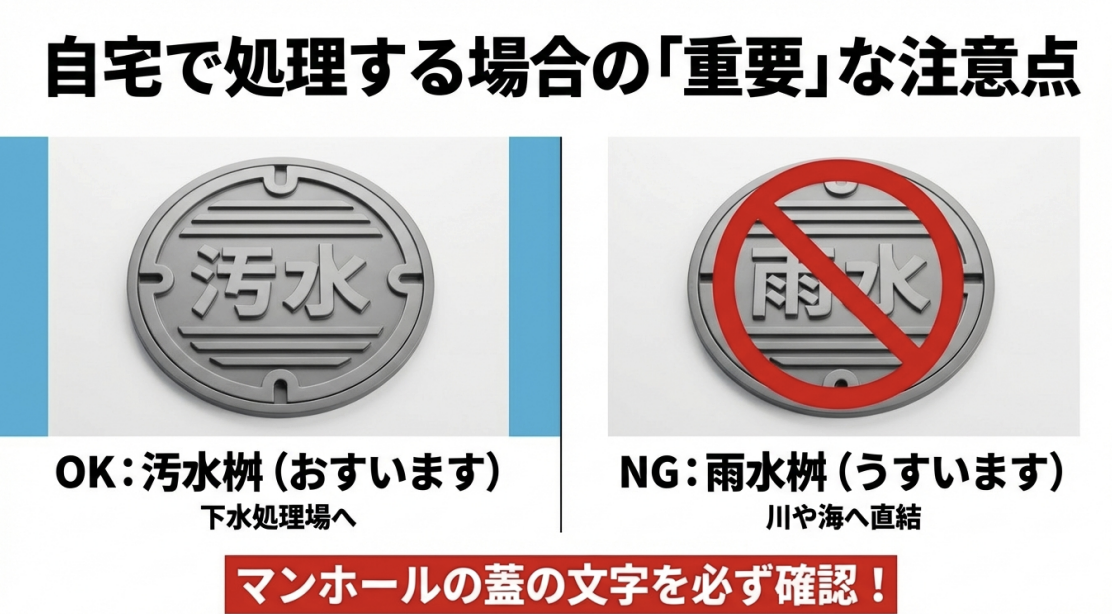 自宅のマンホール蓋に書かれた「汚水(OK)」と「雨水(NG)」の文字を確認し、下水処理場へ繋がる桝を選ぶための注意点。