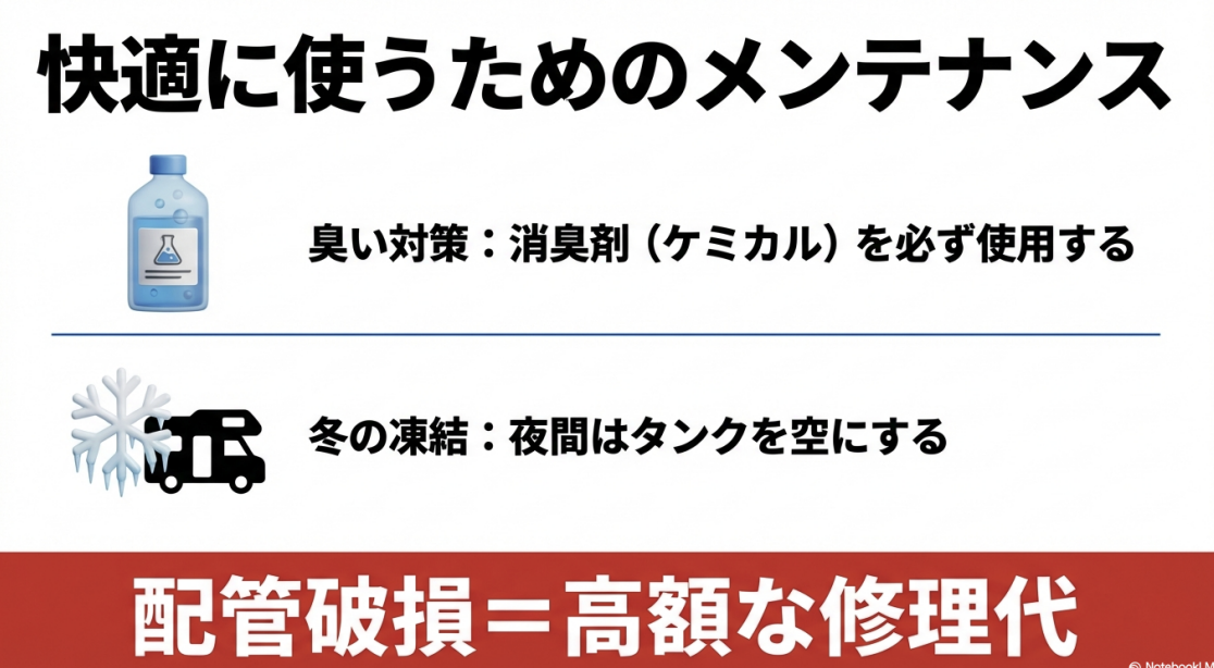 消臭剤の使用による臭い対策と、冬季の夜間にタンクを空にすることで配管破損と高額修理を防ぐためのメンテナンス方法
