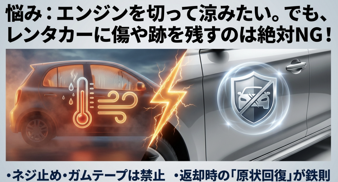 レンタカーに傷や跡を残すのはNG。ネジ止めやガムテープ禁止、原状回復が鉄則であることを説明するスライド