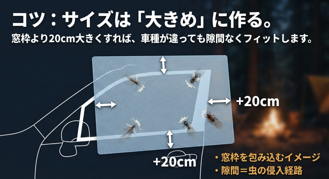 窓枠より20cm大きく作ることで隙間なくフィットさせるコツを図解。窓枠を包み込むイメージで虫の侵入経路を断つことを説明するスライド