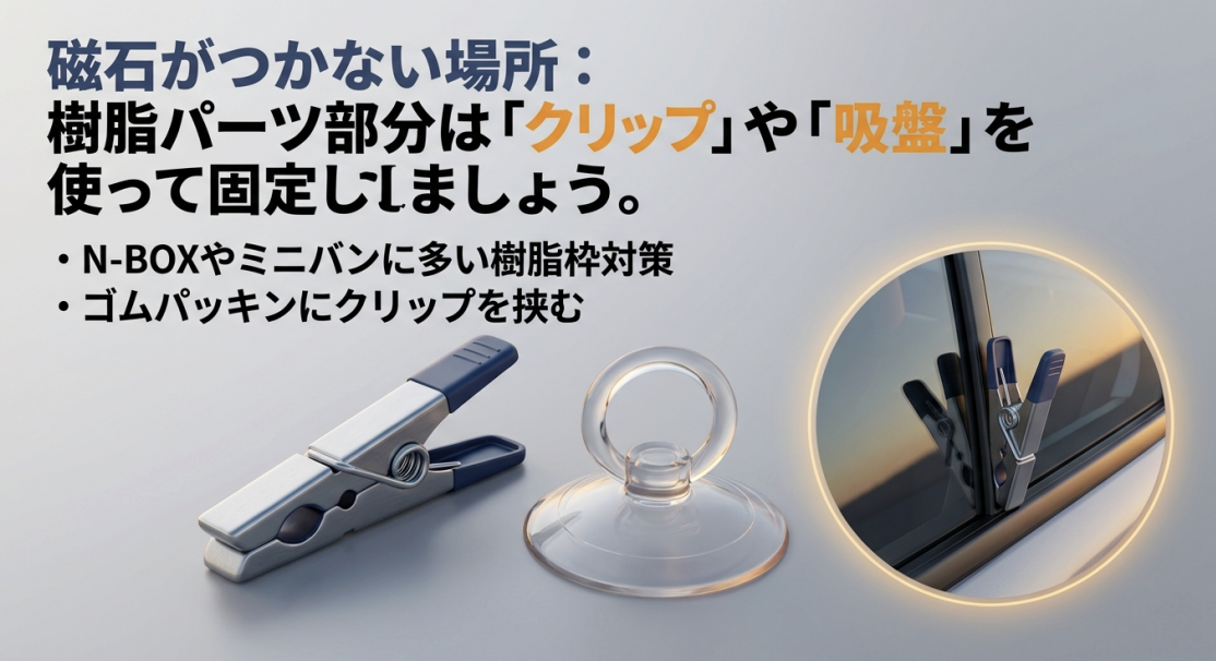 磁石がつかない樹脂パーツ部分にクリップや吸盤を使って固定する方法を提案。N-BOXやミニバンの樹脂枠対策を説明するスライド