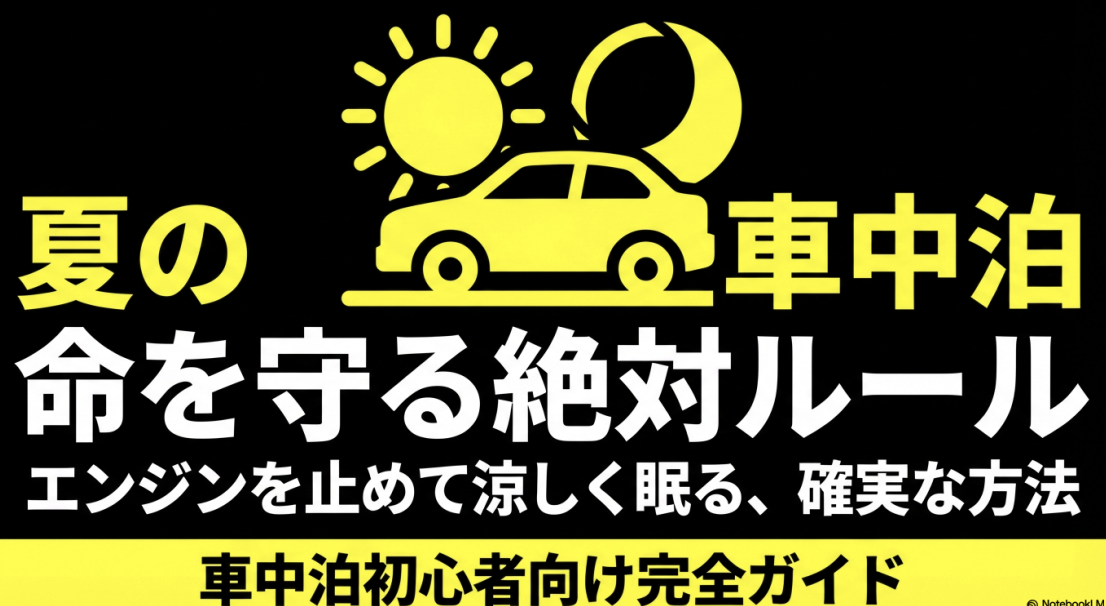 夏の車中泊でエンジンを止めて涼しく眠るためのルールを解説する初心者向け完全ガイドの表紙スライド