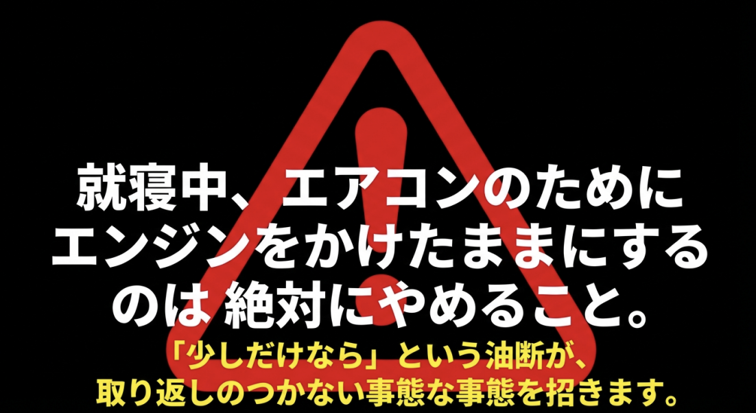 就寝中、エアコンのためにエンジンをかけたままにするのは絶対にやめるべきという警告スライド。「少しだけなら」という油断が禁物であることを強調