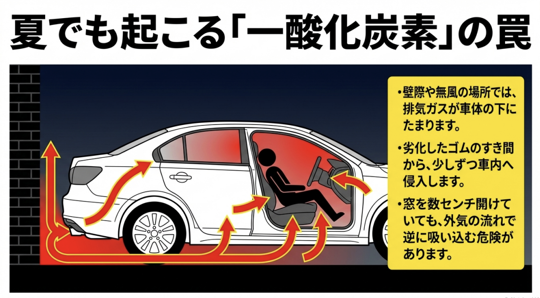 壁際や無風の場所で排気ガスが車体の下に溜まり、ゴムの隙間や窓から車内へ侵入する一酸化炭素中毒の仕組みを図解したイラスト