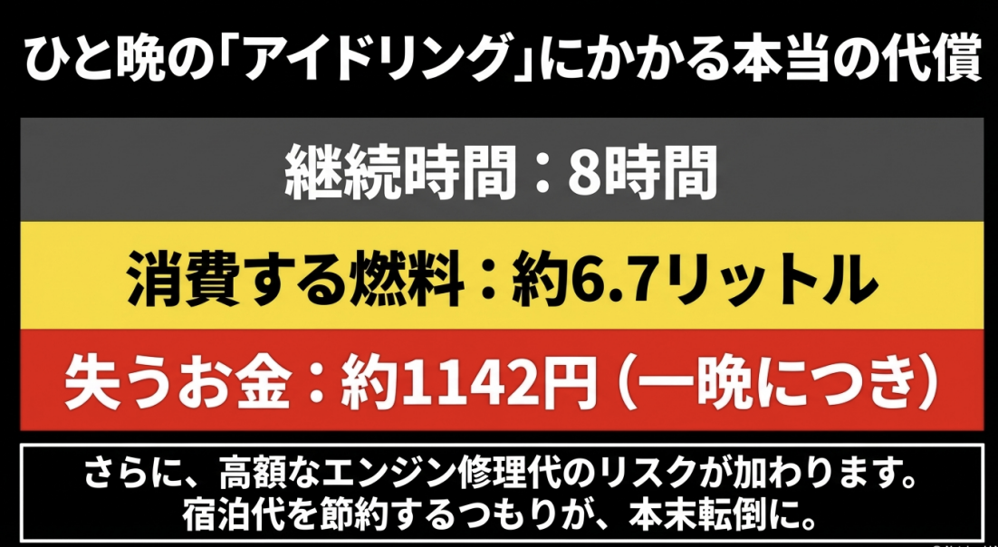 8時間のアイドリングで約6.7リットルの燃料を消費し、一晩で約1,142円を失うというコスト試算と、故障リスクを説明するスライド