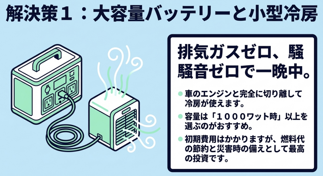 1000Wh以上の大容量バッテリーと小型冷房を使い、エンジンを切り離して涼しさを確保する方法を推奨するイラスト