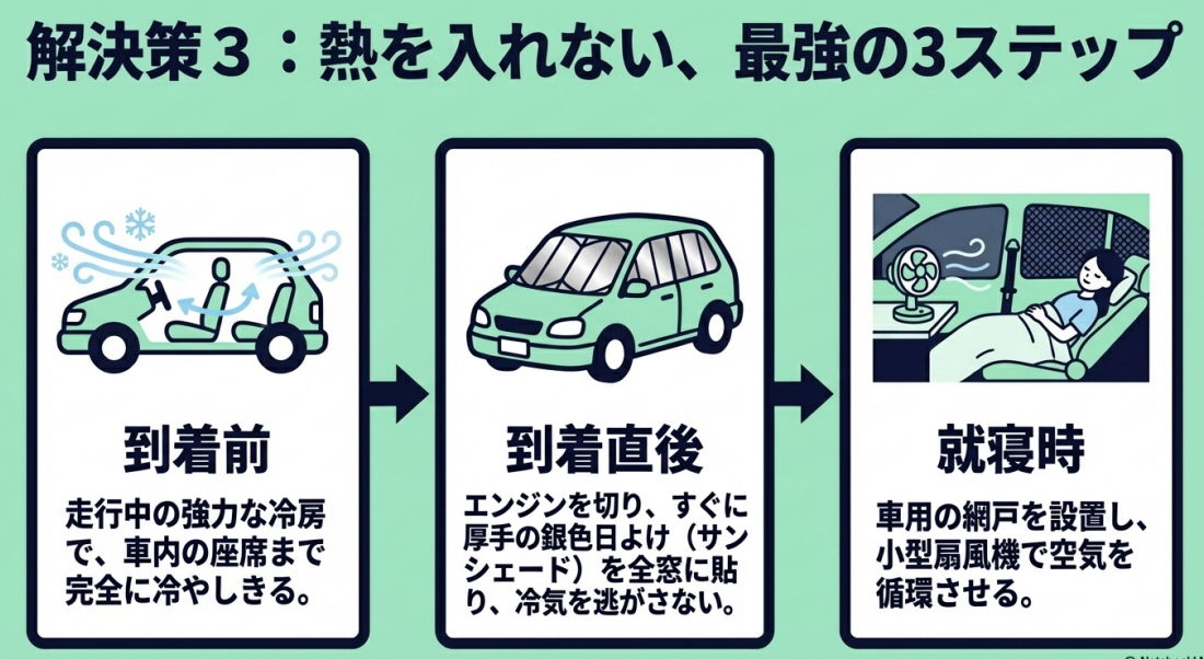 到着前の冷房、到着直後のサンシェード、就寝時の網戸と扇風機という、熱を車内に溜め込まないための3ステップ対策スライド